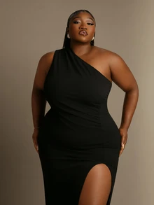CurvyTilda 大码女士纯色不对称开衩设计优雅修身鸡尾酒会礼服 - 黑色 - 查看 5