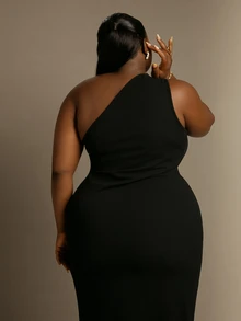 CurvyTilda 大码女士纯色不对称开衩设计优雅修身鸡尾酒会礼服 - 黑色 - 查看 6