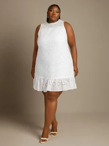CurvyTilda Plus Size Women's Spring/Summer Woven Embroidered Hollow-Out Double Ruffle Hem Dress Elegant - White - View 2