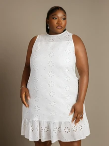 CurvyTilda Plus Size Women's Spring/Summer Woven Embroidered Hollow-Out Double Ruffle Hem Dress Elegant - White - View 1