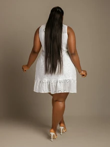 CurvyTilda Plus Size Women's Spring/Summer Woven Embroidered Hollow-Out Double Ruffle Hem Dress Elegant - White - View 4