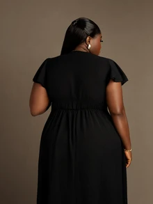 CurvyTilda Summer New Fashionable Lace Patchwork Cinched Waist Black Dress For Women - Black - View 5