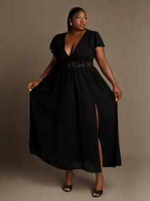 CurvyTilda Summer New Fashionable Lace Patchwork Cinched Waist Black Dress For Women - Black - View 1