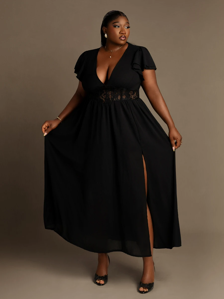 CurvyTilda Summer New Fashionable Lace Patchwork Cinched Waist Black Dress For Women - Black - View 1