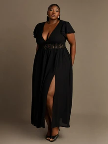 CurvyTilda Summer New Fashionable Lace Patchwork Cinched Waist Black Dress For Women - Black - View 3
