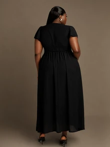 CurvyTilda Summer New Fashionable Lace Patchwork Cinched Waist Black Dress For Women - Black - View 4