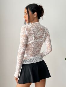 EgrlEra Women's Lace Stretch Peony Print Sheer Sexy Blouse (Random Cut) Fall Cloth For Women - White - View 2