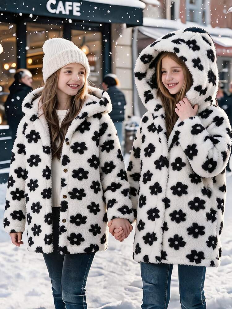 SHEIN Elladie kids Tween Girls Cute Winter Jacquard Fleece Coat, Casual Long Sleeve Hooded Fluffy Sherpa Button Jacket Thermal Warm Plush Open Front Outfit Outerwear - White - View 1