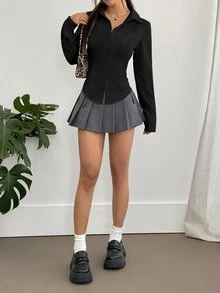 Sweetra 女士休闲通勤纯色修身衬衫 - 黑色 - 查看 7