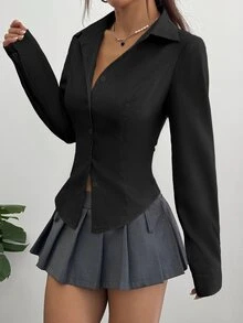 Sweetra 女士休闲通勤纯色修身衬衫 - 黑色 - 查看 6