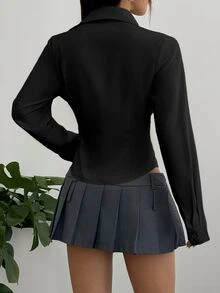Sweetra 女士休闲通勤纯色修身衬衫 - 黑色 - 查看 2