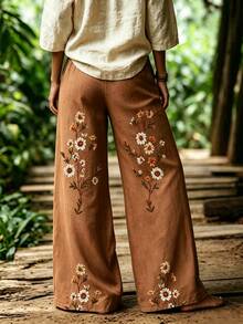 Selamara [Printed Design] Bohemian Style Coffee Color Daisy Faux Embroidery Pants, Summer Vintage Pastoral High Waist Elastic Waist Loose Drape Wide Leg Pants - Multicolor - View 2