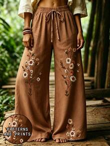 Selamara [Printed Design] Bohemian Style Coffee Color Daisy Faux Embroidery Pants, Summer Vintage Pastoral High Waist Elastic Waist Loose Drape Wide Leg Pants - Multicolor - View 1