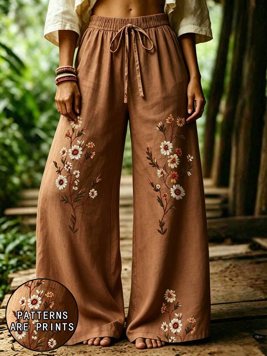 Selamara [Printed Design] Bohemian Style Coffee Color Daisy Faux Embroidery Pants, Summer Vintage Pastoral High Waist Elastic Waist Loose Drape Wide Leg Pants - Multicolor - View 1
