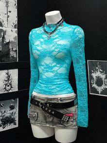 EgrlEra Lace Trimmed Slim Fit Long Sleeve Top Y2K  Fall Cloth For Women - Mint Blue - View 6