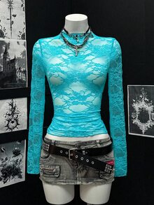 EgrlEra Lace Trimmed Slim Fit Long Sleeve Top Y2K  Fall Cloth For Women - Mint Blue - View 2