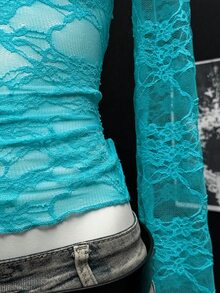 EgrlEra Lace Trimmed Slim Fit Long Sleeve Top Y2K  Fall Cloth For Women - Mint Blue - View 5