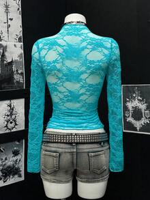 EgrlEra Lace Trimmed Slim Fit Long Sleeve Top Y2K  Fall Cloth For Women - Mint Blue - View 4