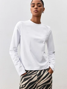 ATUI Studio Women's Solid Color Round Neck Long Sleeve Casual Versatile T-Shirt - White - View 6