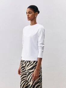 ATUI Studio Women's Solid Color Round Neck Long Sleeve Casual Versatile T-Shirt - White - View 8