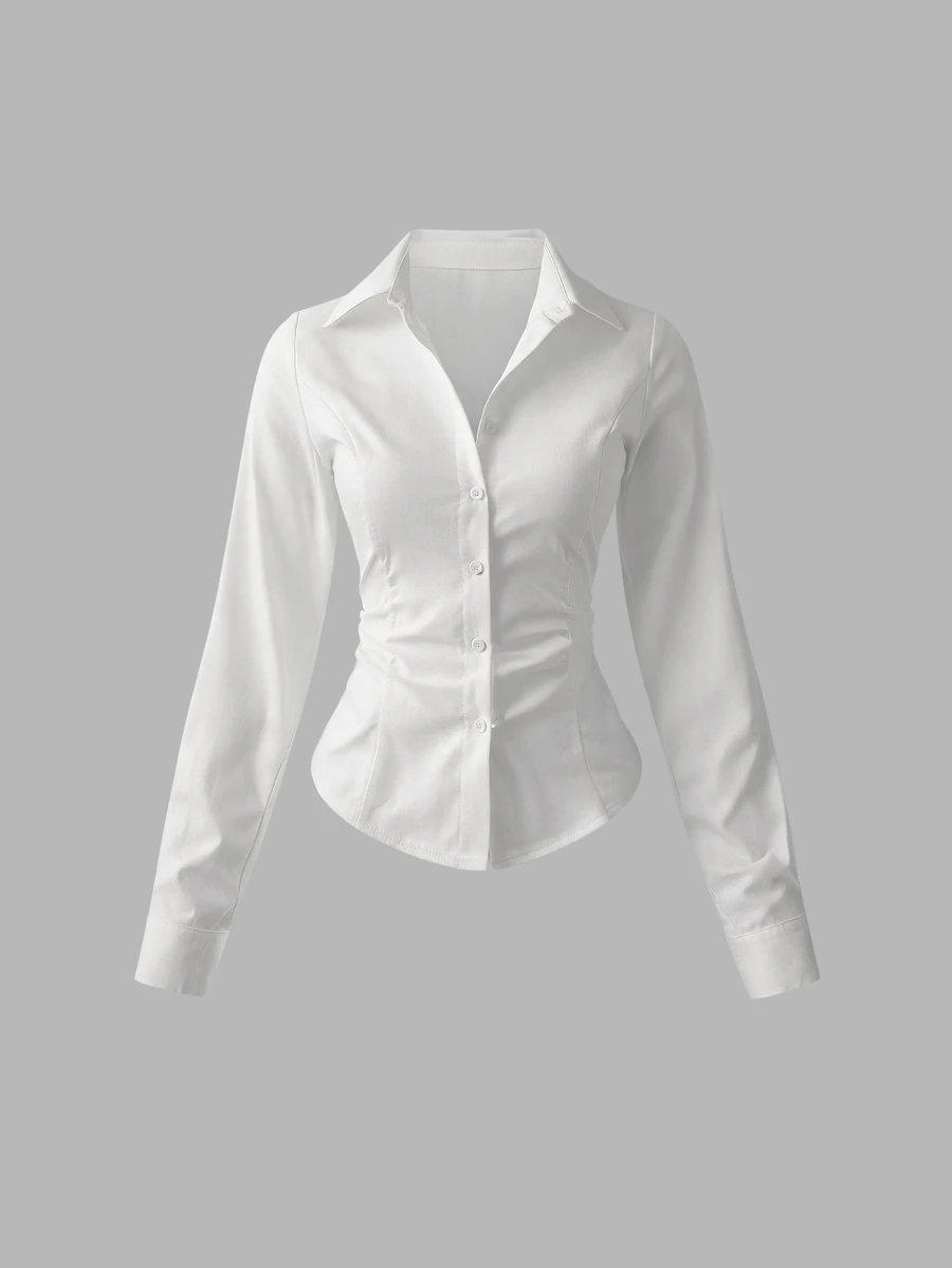 Sweetra Women's Casual Versatile Commuter Solid Color Waist Shirt - White - View 1