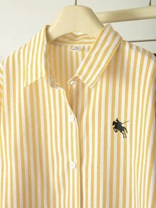 SHEIN 青少年女孩秋季上衣 白色細條紋刺繡長袖襯衫，可愛，返校季，秋冬穿搭，休閒學院風，條紋，日常出遊 - 黃色 - 查看 5