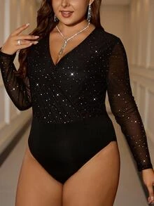 Reflora Plus Size Women's Metallic Star Overlap V-Neck Mesh Long Sleeve Bodysuit,Party Event Suitable For Autumn And Winter - Black - View 2