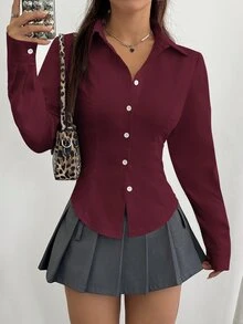 Sweetra Women's Casual Solid Color Waist Cinched Long Sleeve Shirt Fall Cloth For Women, Christmas - Burgundy - View 4