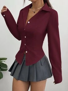 Sweetra Women's Casual Solid Color Waist Cinched Long Sleeve Shirt Fall Cloth For Women, Christmas - Burgundy - View 6