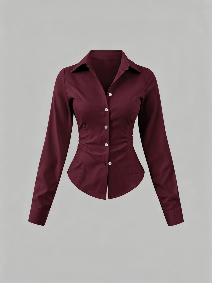 Sweetra Women's Casual Solid Color Waist Cinched Long Sleeve Shirt Fall Cloth For Women, Christmas - Burgundy - View 1