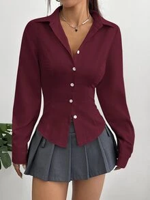 Sweetra Women's Casual Solid Color Waist Cinched Long Sleeve Shirt Fall Cloth For Women, Christmas - Burgundy - View 8