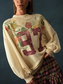 Bohemela Sweatshirt Lengan Panjang Wanita Motif Bunga Digital untuk Pakaian Kasual Sehari-hari - Kuning - View 3