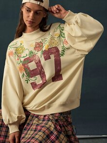 Bohemela Sweatshirt Lengan Panjang Wanita Motif Bunga Digital untuk Pakaian Kasual Sehari-hari - Kuning - View 4
