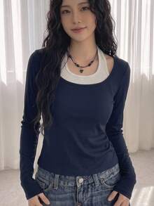 SHEIN 青少年女孩羅紋拼接掛脖領 2 合 1 長袖修身 T-Shirt，秋冬款 - 藍白色 - 查看 1