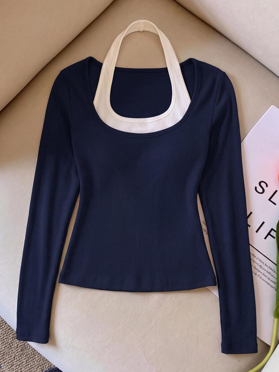 SHEIN Teen Girl Teen Girls Ribbed Colorblock Halter Neck 2 In 1 Long Sleeve Slim Fit T-Shirt, Autumn/Winter - Blue and White - View 1