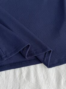 SHEIN 青少年女孩羅紋拼接掛脖領 2 合 1 長袖修身 T-Shirt，秋冬款 - 藍白色 - 查看 4