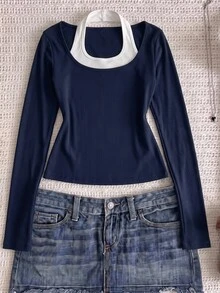 SHEIN 青少年女孩羅紋拼接掛脖領 2 合 1 長袖修身 T-Shirt，秋冬款 - 藍白色 - 查看 6