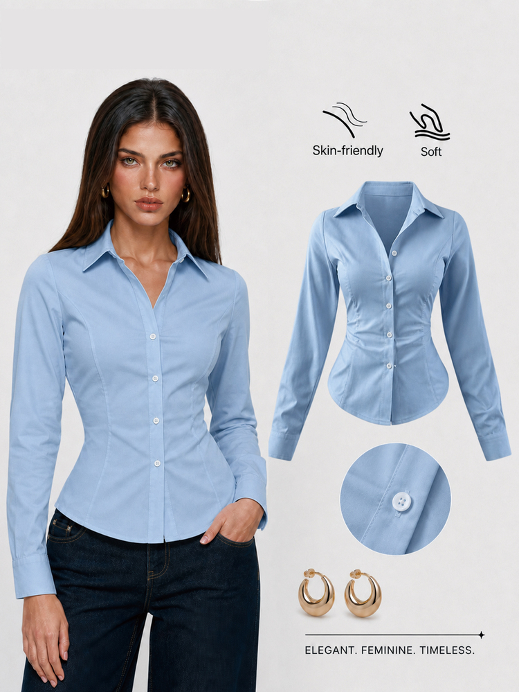 Sweetra Women's Spring/Autumn Casual Professional Daily Business Office Commute Minimalist Solid Color Long Sleeve Slim Fit Blouse Aqua Blue - Teal Blue - View 3