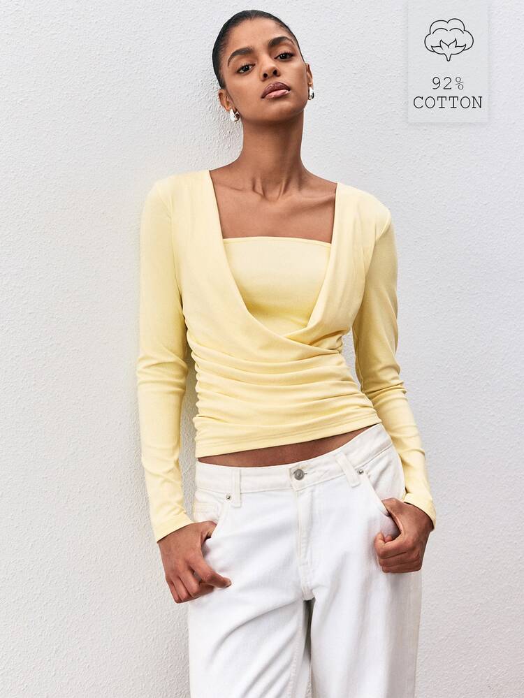 ATUI Studio Women's Korean Style Pleated Long Sleeve T-Shirt For Daily Wear - Yellow - View 1