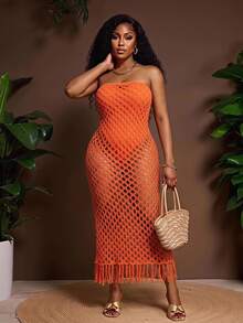 Veslaya New Holiday Vacation Casual Minimalist Hollow Out Sleeveless Jumpsuit - Fringed Hem Long Knit Dress Version A - Orange - View 1
