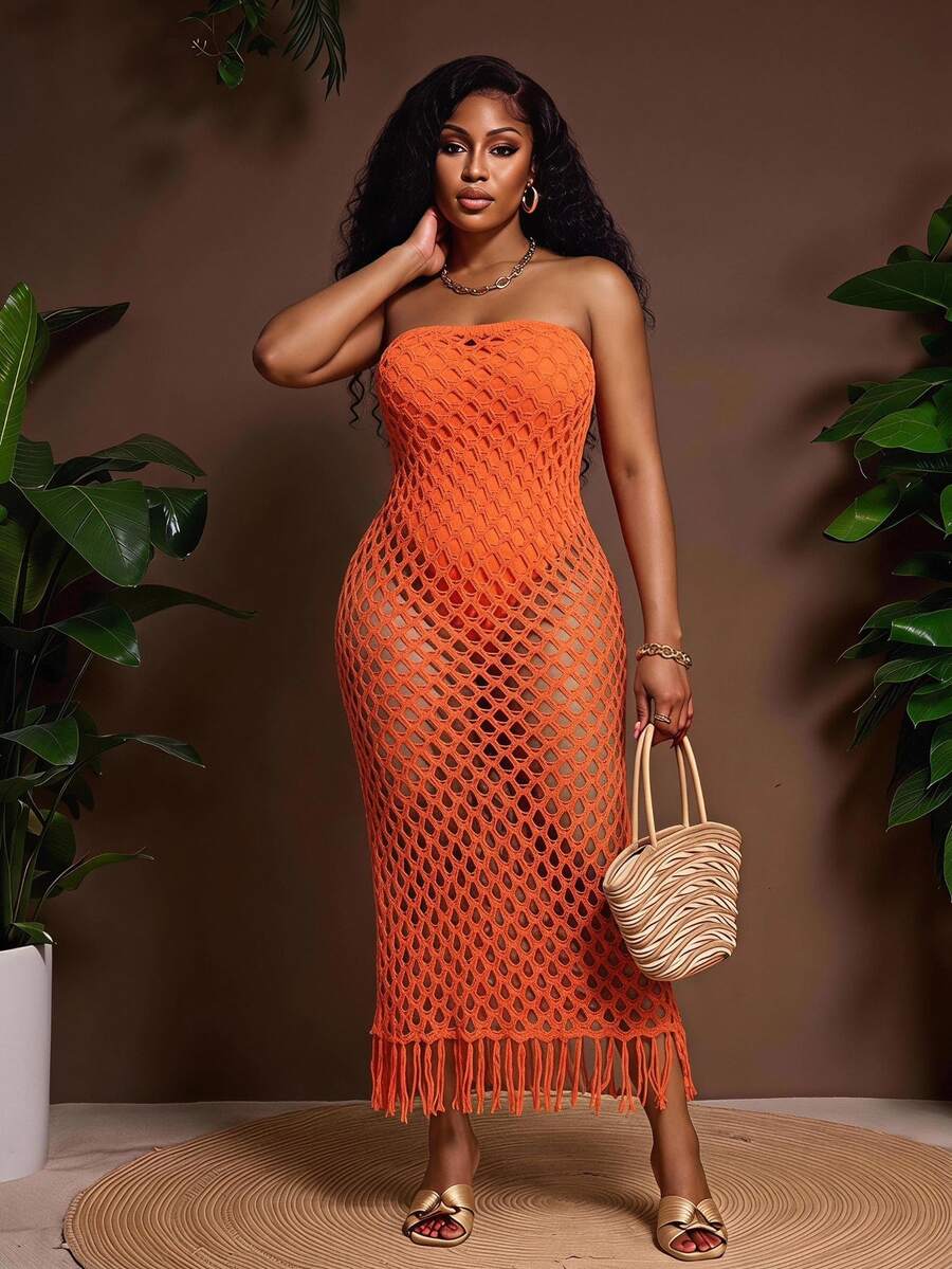 Veslaya New Holiday Vacation Casual Minimalist Hollow Out Sleeveless Jumpsuit - Fringed Hem Long Knit Dress Version A - Orange - View 1