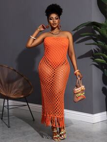 Veslaya New Holiday Vacation Casual Minimalist Hollow Out Sleeveless Jumpsuit - Fringed Hem Long Knit Dress Version A - Orange - View 7
