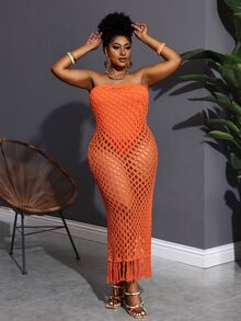 Veslaya New Holiday Vacation Casual Minimalist Hollow Out Sleeveless Jumpsuit - Fringed Hem Long Knit Dress Version A - Orange - View 6
