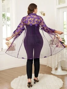 Reflora Plus Size Women's Purple Summer Elegant Celestial Sexy Floral Embroidery Mesh Blouse Single-Breasted Ruffle Sleeve Shirt Night Out Evening Party - Purple - View 9