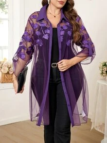 Reflora Plus Size Women's Purple Summer Elegant Celestial Sexy Floral Embroidery Mesh Blouse Single-Breasted Ruffle Sleeve Shirt Night Out Evening Party - Purple - View 4
