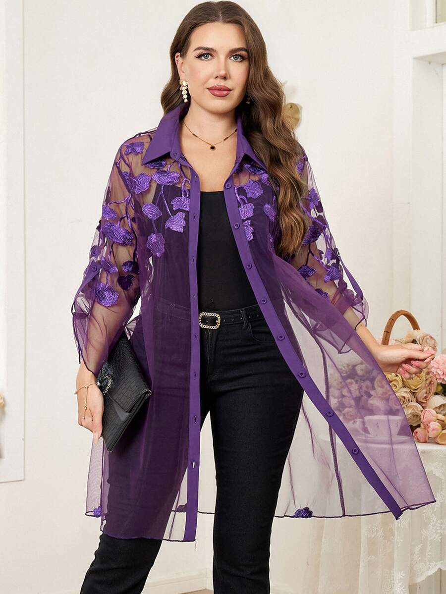 Reflora Plus Size Women's Purple Summer Elegant Celestial Sexy Floral Embroidery Mesh Blouse Single-Breasted Ruffle Sleeve Shirt Night Out Evening Party