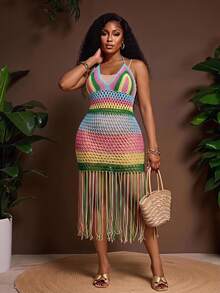 Veslaya Plus Size Women Colorful Hollow Out Tassel Slip Dress, Suitable For Beach Vacation - Multicolor - View 1