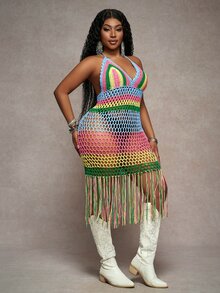 Veslaya Plus Size Women Colorful Hollow Out Tassel Slip Dress, Suitable For Beach Vacation - Multicolor - View 3