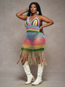 Veslaya Plus Size Women Colorful Hollow Out Tassel Slip Dress, Suitable For Beach Vacation - Multicolor - View 6