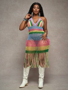 Veslaya Plus Size Women Colorful Hollow Out Tassel Slip Dress, Suitable For Beach Vacation - Multicolor - View 4